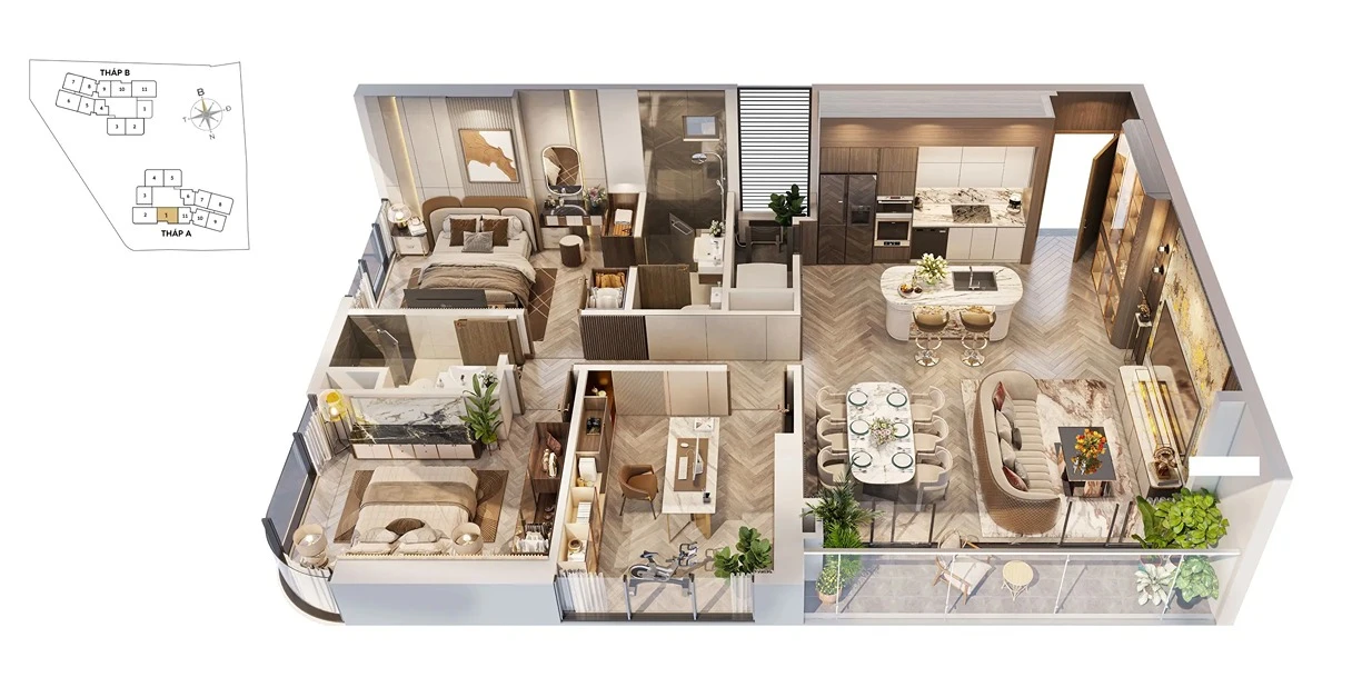 Mặt bằng căn hộ Penhouse duplex Vlasta Premier Phú Thuận với không gian khách – bếp rộng, 2 phòng tắm và ban công.